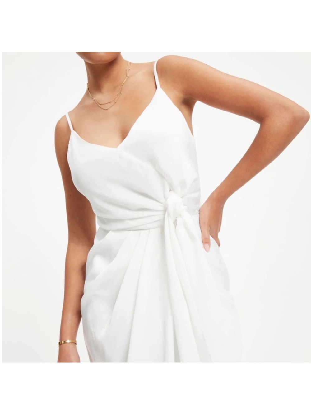 Aakaa White Wrap Draped Tie Midi Dress